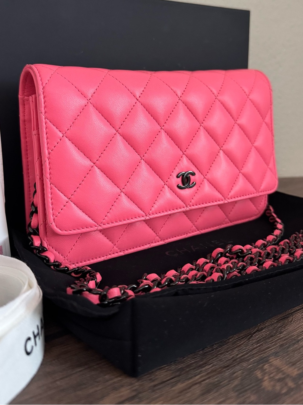 CHANEL 2024 Hot Pink Lambskin Leather Wallet on Chain with Black Hardware